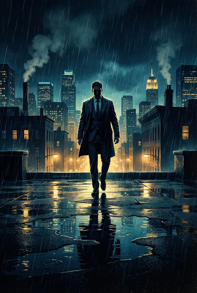 蜜桃视频在线看 出品影片《雨夜独行者》海报，雨中城市屋顶男性剪影